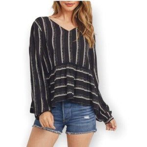 PAPER CRANE Black White Striped V-Neck Blouse Relaxed Top Shirt Size Small